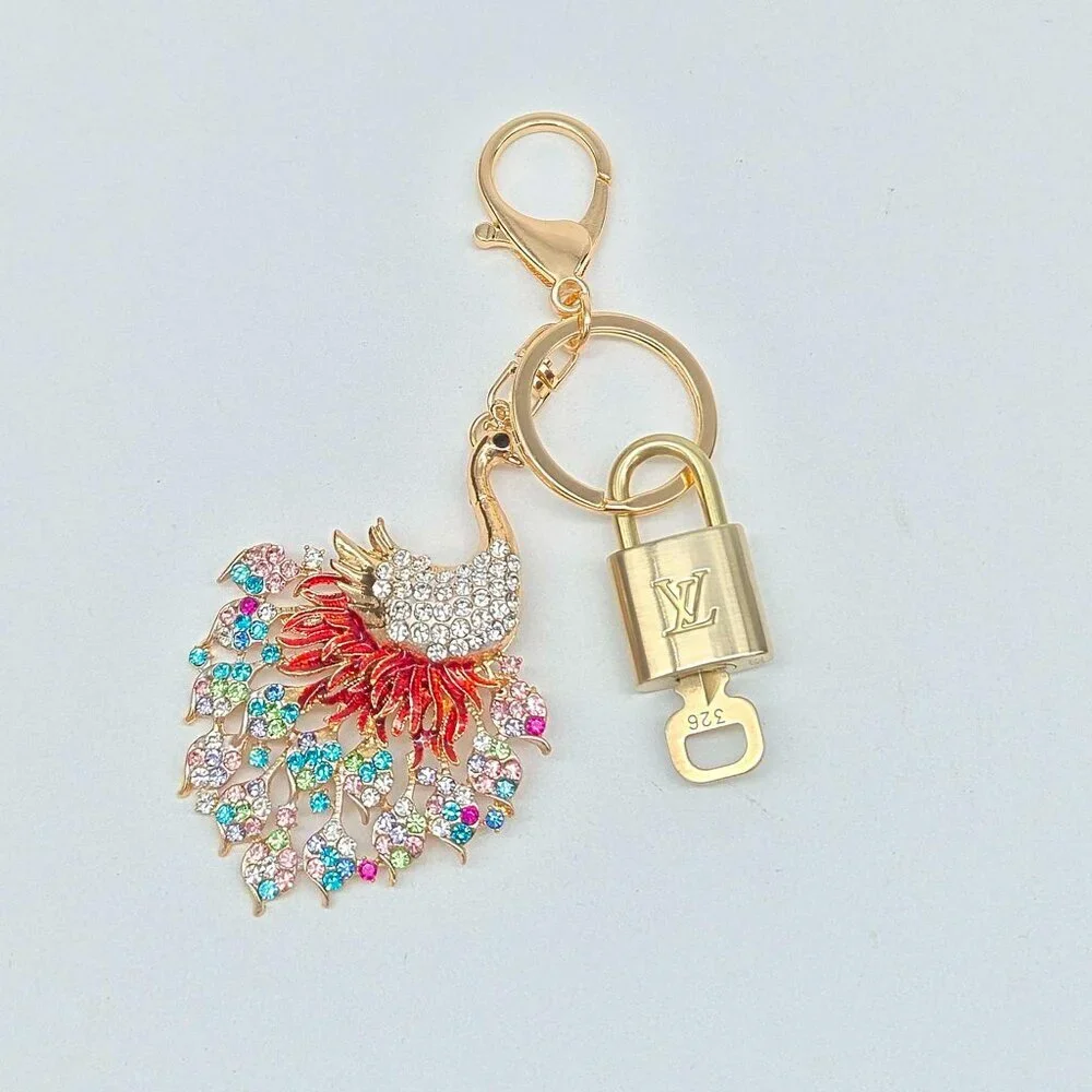 LV Gold Padlock Authentic 🔑 Luxury Bag Charm w/ Unbranded Peacock Keychain